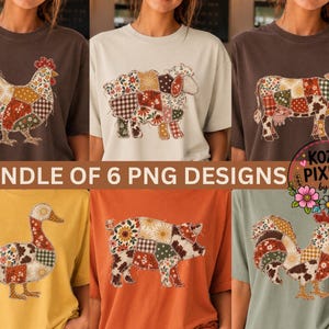 May include: A bundle of six t-shirts featuring patchwork-style animal graphics including a chicken, sheep, cow, duck, pig, and rooster. Each animal design is composed of various floral, plaid, and sunburst patterns in earthy tones of brown, orange, and green.