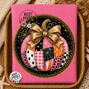Patchwork Halloween Pumpkin PNG, Trending Pink Orange Sublimation Designs, 2 styles (Digital Download)