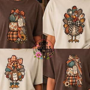 May include: A collage of four t-shirts featuring graphic prints. Two shirts are dark brown with a stack of three pumpkins, a bow, and a tag reading These Are the Days I Prayed For. Two shirts are cream with a turkey wearing a bow and a tag reading Thankful & Blessed.