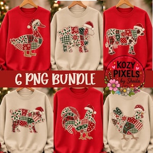 May include: A collection of six sweatshirts featuring patchwork-style animal graphics including a duck, sheep, cow, pig, rooster, and chicken. Each animal wears a Santa hat and displays festive red, green, and white holiday patterns.