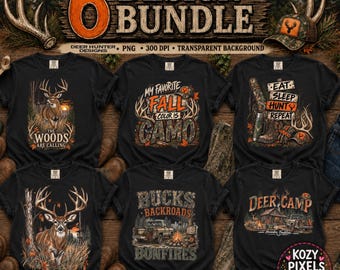 May include: A collection of six black t-shirts featuring hunting-themed graphic prints. Designs include deer in forest settings, a truck by a campfire, and text such as The Woods Are Calling, My Favorite Fall Color Is Camo, and Eat Sleep Hunt Repeat.