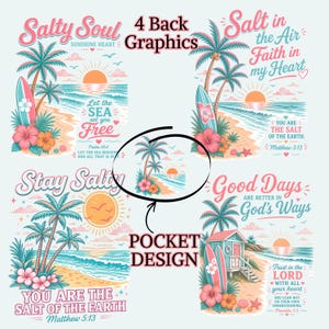 May include: A graphic design featuring four beach-themed illustrations with palm trees, surfboards, and floral accents. The image includes text that reads "Salty Soul," "Salt in the Air," "Stay Salty," and "Good Days." A pocket design is also shown.