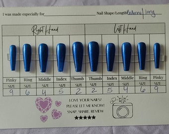 May include: A size chart for press-on nails with a blue shimmer finish. The chart shows the sizes for each finger on both the right and left hands. The nail shape is called "Coffin" and the length is "Long".