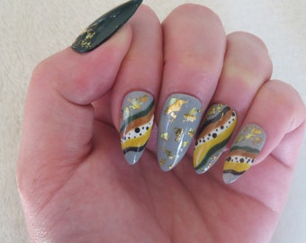 Gray Green and Brown Gold Press on Nails |Gold Flake| Green Nails| Gray Nails| Modern Chic| Press on Nails