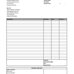 Puede incluir: Una plantilla de factura en blanco con campos para el nombre de la empresa, la dirección, el número de factura, la fecha, la fecha de vencimiento, el importe adeudado, la descripción, la cantidad, la tarifa, el importe, el subtotal, los descuentos, los créditos, el impuesto, el importe adeudado y la información de pago bancario.