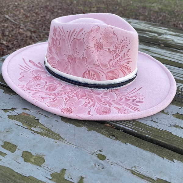 Burned Hat, Pyrography Lainey Pink Western Hat, Satin and Blue Jean Fabric Band, Leather Feather, Pink Fedora, Dogwoods, Original, Felt Hat