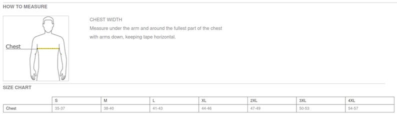 May include: Diagram illustrating how to measure chest width for clothing. Includes a drawing of a person with a yellow line indicating the chest measurement area. A size chart is also included, showing chest measurements in inches for sizes S through 4XL.