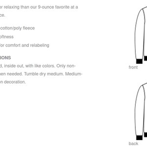 May include: White crewneck sweatshirt with black cuffs and hem, front and back views. The text describes the sweatshirt as a 9-ounce, 50/50 cotton/poly fleece with air jet yarn for softness and a removable tag. Care instructions are also included.