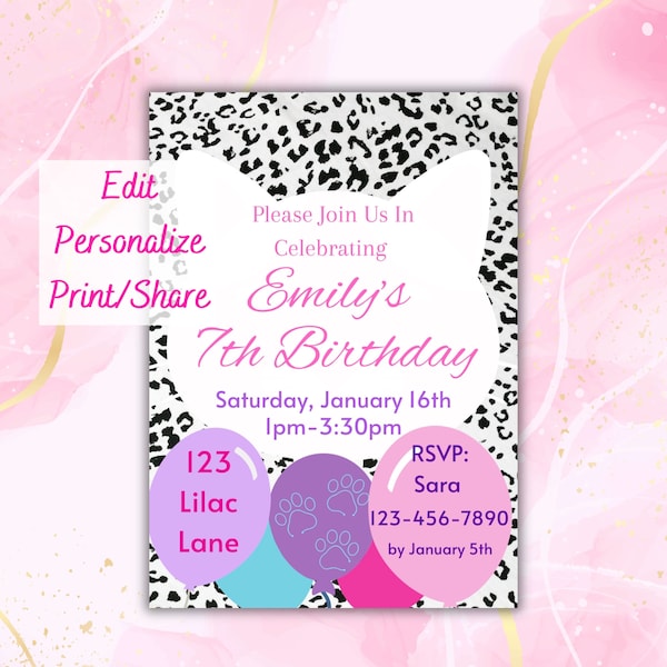 Editable leopard print birthday invitation, printable children's party template, instant digital download, snow leopard with balloons design