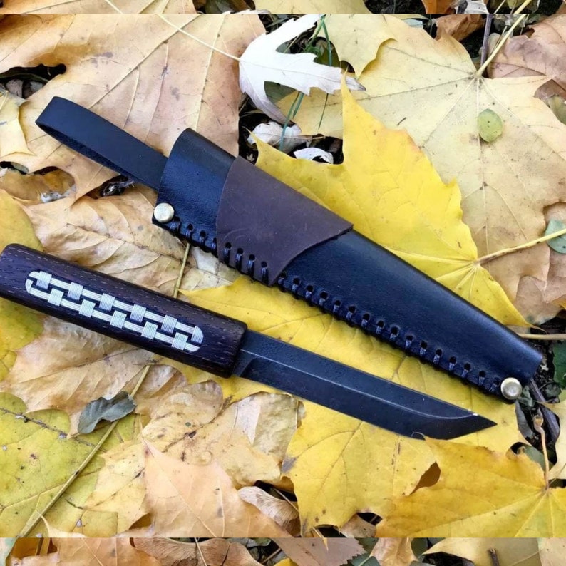 Custom Fixed Blade Knife and Sheath. Sharp Hunting Knife Wooden Handle
