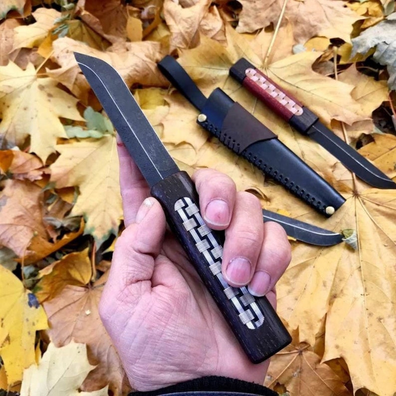 Custom Fixed Blade Knife and Sheath. Sharp Hunting Knife Wooden Handle