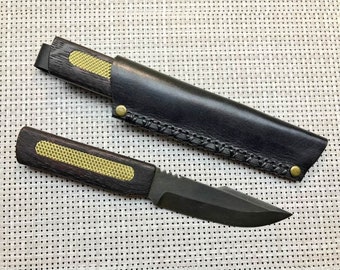 Custom D2 Steel Hunting Knife – For Bushcraft, Camping – Handmade with Oak Handle. Leather Sheath