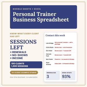 Personal Trainer Spreadsheet, Client and Session Package Tracker for Google Sheets and Excel, Renewal Alerts, Fitness Business Income
