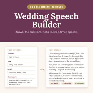 Może przedstawiać: Cyfrowy interfejs generatora przemówień ślubnych w Google Sheets. Ciemnofioletowy nagłówek zawiera tytuł i instrukcje. Poniżej znajduje się biały formularz z polami do wpisania roli, tonu, długości i historii, prowadzący do gotowego tekstu.