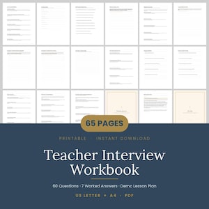 Può includere: Un quaderno di lavoro per colloqui di insegnanti di 65 pagine in formato PDF stampabile. Include 60 domande, 7 risposte elaborate e un piano di lezione dimostrativo. Disponibile nei formati US Letter e A4, con testo nero su pagine bianche.