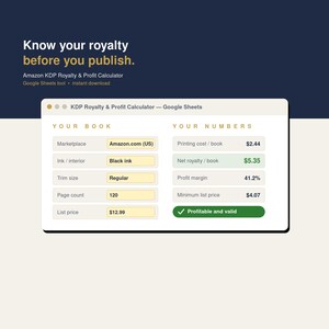 May include: A digital interface for an Amazon KDP Royalty & Profit Calculator Google Sheets tool. The display shows input fields for marketplace, ink, trim size, page count, and list price, alongside calculated results for printing cost, net royalty, profit margin, and minimum list price, marked as Profitable and valid.
