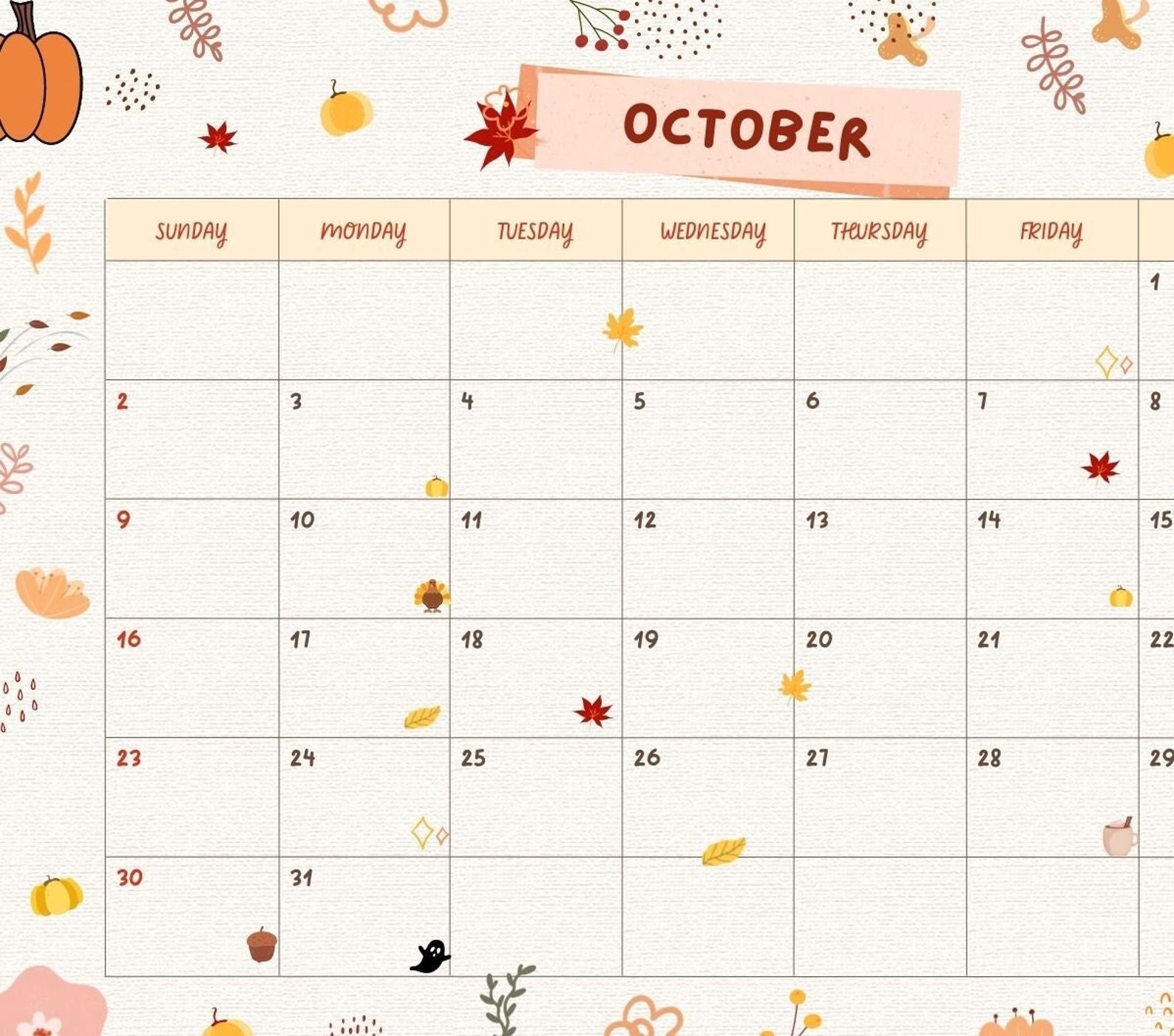 Fun October Printable Calendar - Etsy