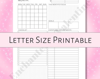 Month at a Glance Planner Printable, 2022-2023 Undated Monthly Calendar, Letter Size, Minimal, Checklist Printable, Events at a Glance