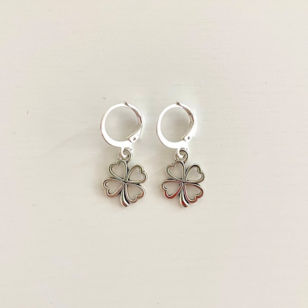 St. Patrick's Day Earrings |  Silver Shamrock Earrings | Lucky Earrings | Four Leaf Clover Earrings | Holiday Earrings | Huggie Earrings