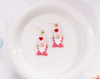 Valentine's Day Gnome Earrings | Red, Pink Heart Handmade Earrings | Dangle Polymer Clay | Cute Holiday Earrings | Hypoallergenic Jewelry