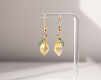 Glass Lemon Earrings | Yellow Fruit Earrings | Summer Earrings | Dangle Earrings | Gold Earrings | Food Earrings | Citrus Earrings