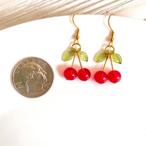 Glass Cherry Earrings Red Fruit Earrings Summer Earrings Dangle Hooked Earrings Gold Earrings Food Earrings Cute Fun Earrings image 3