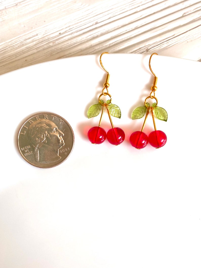 Glass Cherry Earrings Red Fruit Earrings Summer Earrings Dangle Hooked Earrings Gold Earrings Food Earrings Cute Fun Earrings image 3