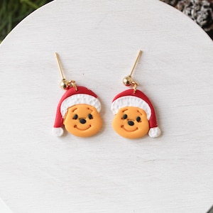 Christmas Pooh Bear Inspired Earrings | Handmade | Dangle Polymer Clay | Winnie the Pooh Earrings | Hypoallergenic Jewelry | Disney Inspired