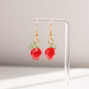 Glass Strawberry Earrings | Pink Fruit Earrings | Summer Earrings | Dangle Earrings | Gold Earrings | Food Earrings | Red Earrings