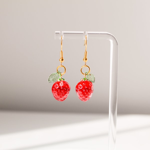 Glass Strawberry Earrings | Pink Fruit Earrings | Summer Earrings | Dangle Earrings | Gold Earrings | Food Earrings | Red Earrings