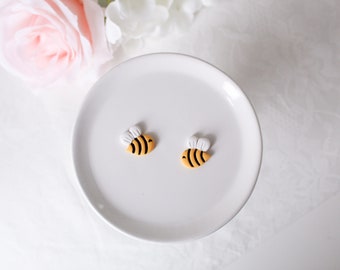 Bumble Bee Earrings | Yellow Handmade Studs | Dangle Polymer Clay | Cute Spring Summer Bug Earrings | Hypoallergenic Jewelry