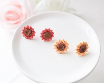 Sunflower Earrings | Red, Yellow Flower Handmade Studs | Dangle Polymer Clay | Cute Spring Summer Fall Earrings | Hypoallergenic Jewelry