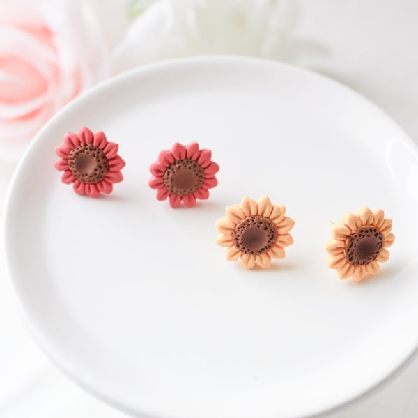 Sunflower Earrings | Red, Yellow Flower Handmade Studs | Dangle Polymer Clay | Cute Spring Summer Fall Earrings | Hypoallergenic Jewelry