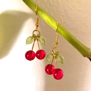 Glass Cherry Earrings Red Fruit Earrings Summer Earrings Dangle Hooked Earrings Gold Earrings Food Earrings Cute Fun Earrings image 1