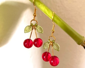 Glass Cherry Earrings | Red Fruit Earrings | Summer Earrings | Dangle Hooked Earrings | Gold Earrings | Food Earrings | Cute Fun Earrings