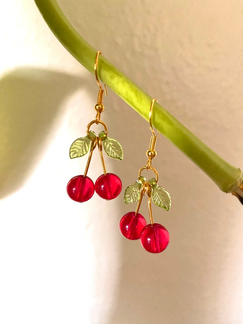 Glass Cherry Earrings Red Fruit Earrings Summer Earrings Dangle Hooked Earrings Gold Earrings Food Earrings Cute Fun Earrings image 1