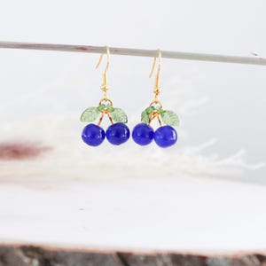 Glass Blueberry Earrings | Blue Fruit Earrings | Summer Berries | Dangle Earrings | Gold Earrings | Food Earrings | Red Earrings