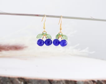 Glass Blueberry Earrings | Blue Fruit Earrings | Summer Berries | Dangle Earrings | Gold Earrings | Food Earrings | Red Earrings