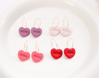 Valentine's Day Conversation Heart Hoops | XO Handmade Hearts | Dangle Polymer Clay | Cute Candy Heart Earring | Hypoallergenic Jewelry