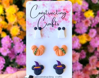 Tiny Halloween Disney Inspired Stud Earrings | Handmade | Polymer Clay | Mickey Pumpkin Earrings | Hypoallergenic Jewelry | Minnie Witch
