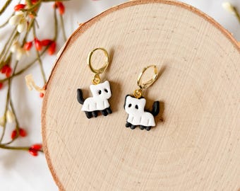 Ghost Cat Huggie Earrings | Fall Handmade Earrings | Polymer Clay | Halloween Earrings | Hypoallergenic Jewelry | Spooky Black Cat Earrings