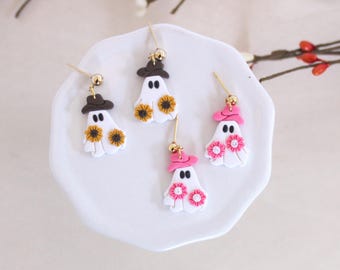 Cowboy Ghost Earrings | Fall Handmade Earrings | Polymer Clay | Autumn Earrings | Hypoallergenic Jewelry | Spooky Earrings