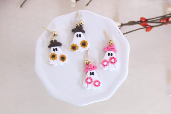 Cowboy Ghost Earrings | Fall Handmade Earrings | Polymer Clay | Autumn Earrings | Hypoallergenic Jewelry | Spooky Earrings