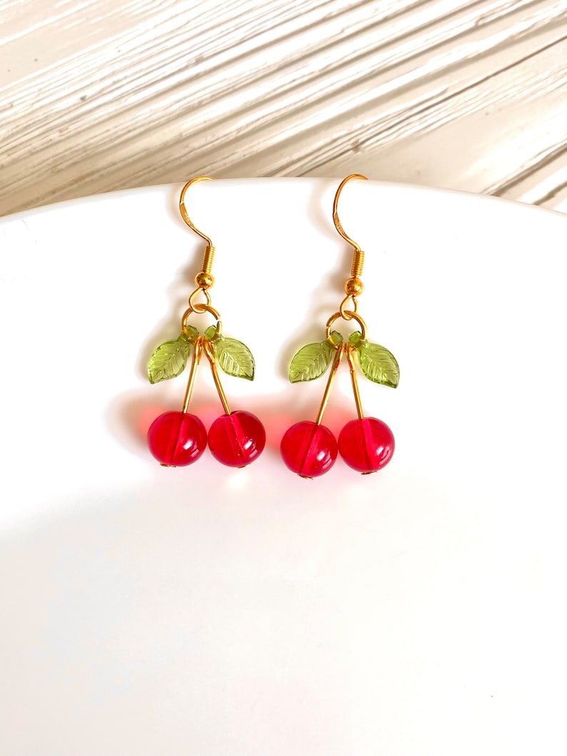 Glass Cherry Earrings Red Fruit Earrings Summer Earrings Dangle Hooked Earrings Gold Earrings Food Earrings Cute Fun Earrings image 2