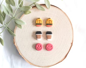 Back to School Stud Pack | Colorful Handmade Earrings | Polymer Clay | Cute Teacher Earrings | Hypoallergenic Jewelry | Pencil Coffee Smiley