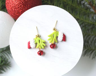 Grinch Hand Inspired Clay Earrings | Christmas Polymer Clay Earrings | Holiday Earrings | Handmade Jewelry | Fun Festive Gifts