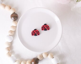 Ladybug Earrings | Red, Black Handmade Studs | Dangle Polymer Clay | Cute Spring Summer Bug Earrings | Hypoallergenic Jewelry