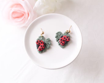 Ladybug Earrings | Red Black Handmade Studs | Dangle Polymer Clay | Cute Spring Summer Bug Earrings | Hypoallergenic Jewelry | Monstera Leaf