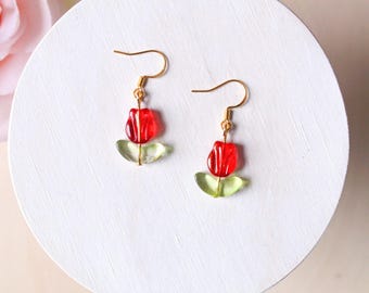 Glass Red Tulip Earrings | Red Flower Earrings | Spring Earrings | Dangle Hooked Earrings | Valentine’s day Earrings | Mother’s Day Earrings