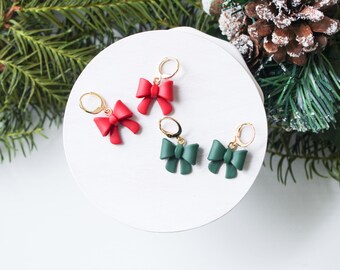 Christmas Bow Huggie Earrings | Hypoallergenic Earrings | Holiday Bow Earrings | Handmade Earrings | Polymer Clay Earrings